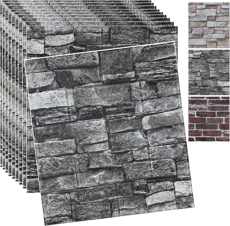 YLL YLL 10PCS 3D Wall Panels Peel and Stick 3D Brick Wallpaper Peel and Stick Faux Stone Wall Panel Foam Brick Self-Adhesive Wallpaper (Black,10pcs) - Image 1